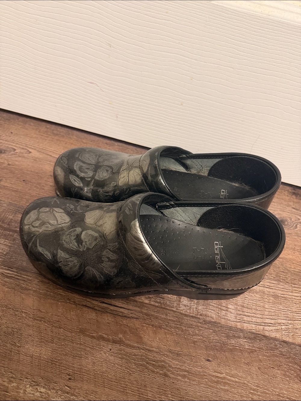 Dansko Black & Silver Floral Slip-On Clogs